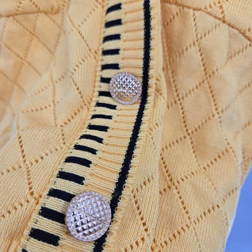 Yellow Sheer Sleeve Knit V-Neck Lightweight Cardigan Blouse Size Small